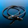 Opgerolde RU connected optische kabel met twee Toslink-connectoren tegen een blauwe achtergrond.