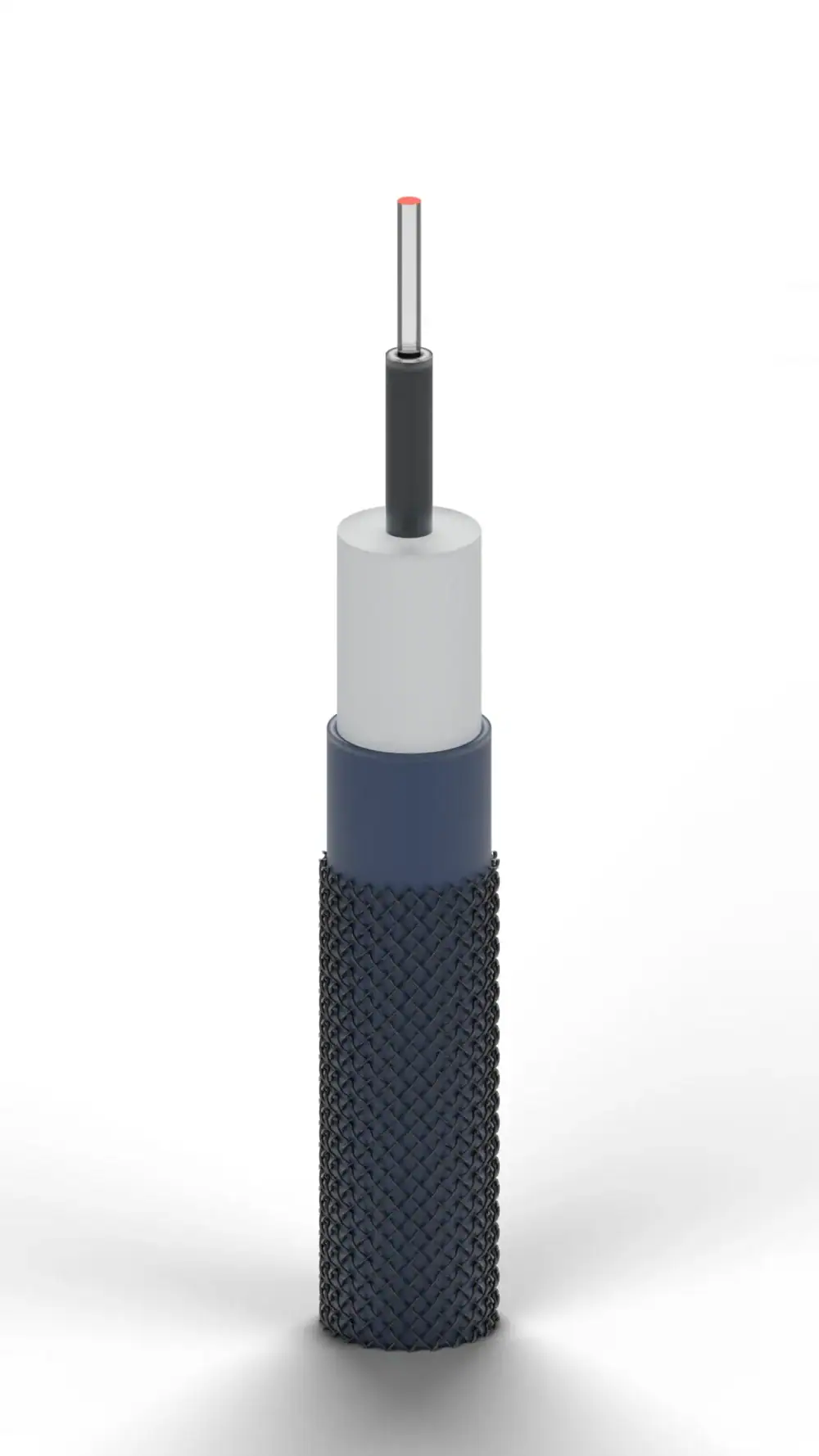 Opbouw van de RU connected optische kabel met optische vezel, beschermende lagen en gevlochten buitenmantel.