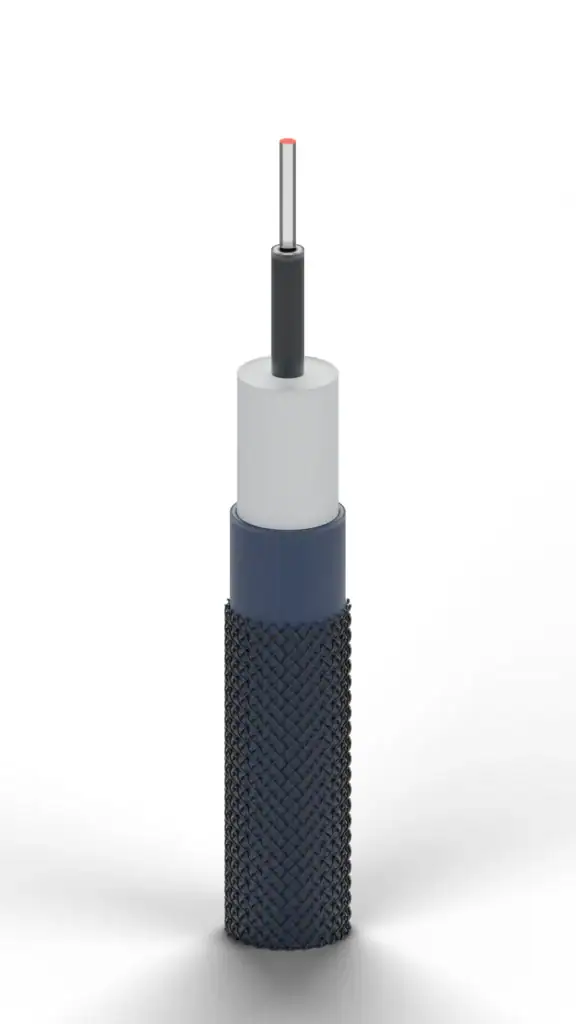 Opbouw van de RU connected optische kabel met optische vezel, beschermende lagen en gevlochten buitenmantel