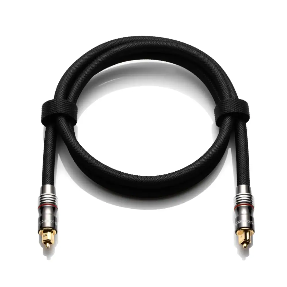 Opgerolde optische kabel met twee klittenbandjes en twee Toslink-connectoren.