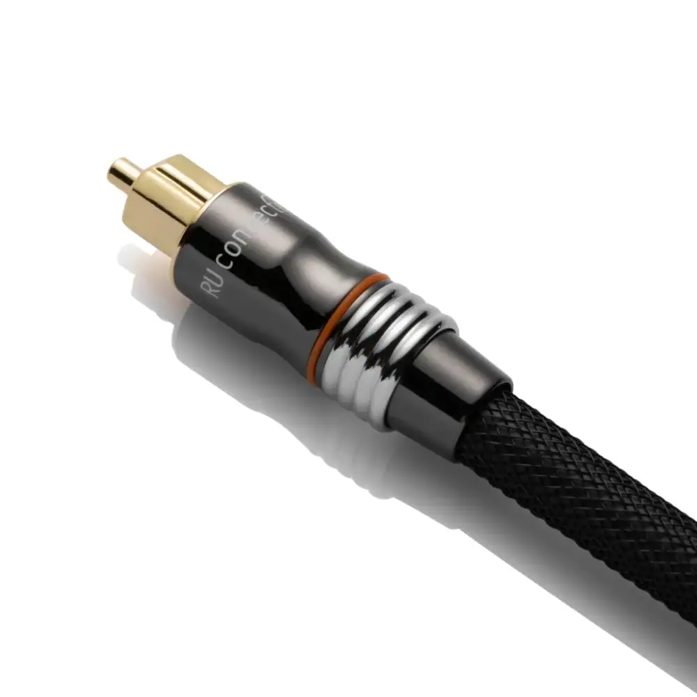 Zijaanzicht van de Toslink-connector met het RU connected-logo op de metalen connectorhuls.