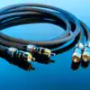 Stereopaar RU connected RCA-kabels met vergulde stekkers en rode en witte ring tegen een blauwe achtergrond.