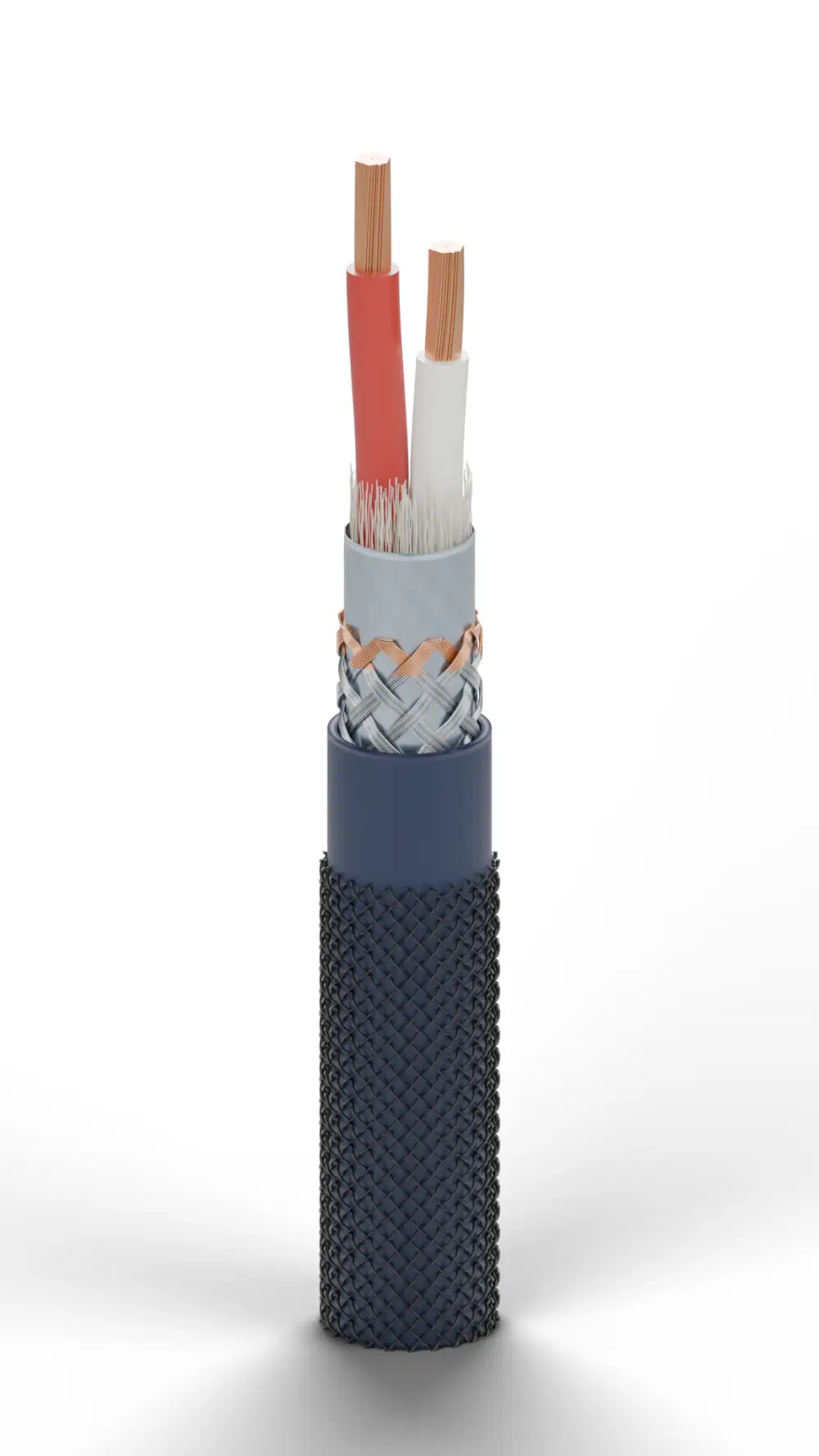 Opbouw van één RCA-kabel met twee geïsoleerde aders en beschermende lagen.