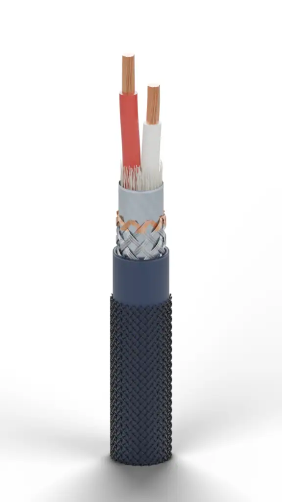 Opbouw van één RCA-kabel met twee geïsoleerde aders en beschermende lagen.