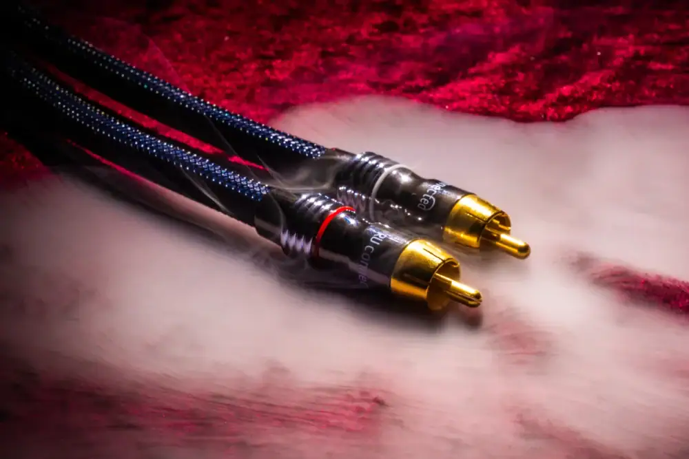 Twee RU connected RCA-stekkers tegen een rode achtergrond.