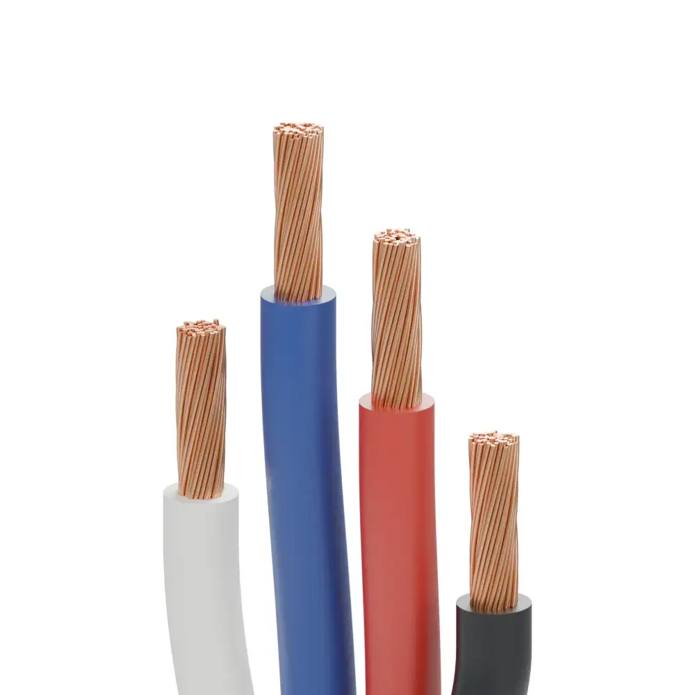 ru-connected-speakerkabel-render-koperaders-20260924 Close-up render van vier geïsoleerde aders in wit, blauw, rood en zwart met gedraaide koperdraadjes.