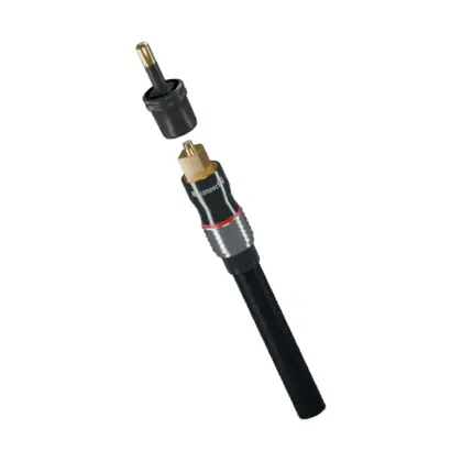 Toslink naar mini-Toslink adapter van RU connected boven de Toslink-connector van een optische kabel, met de vergulde 3,5 mm mini-plug aan de bovenkant.