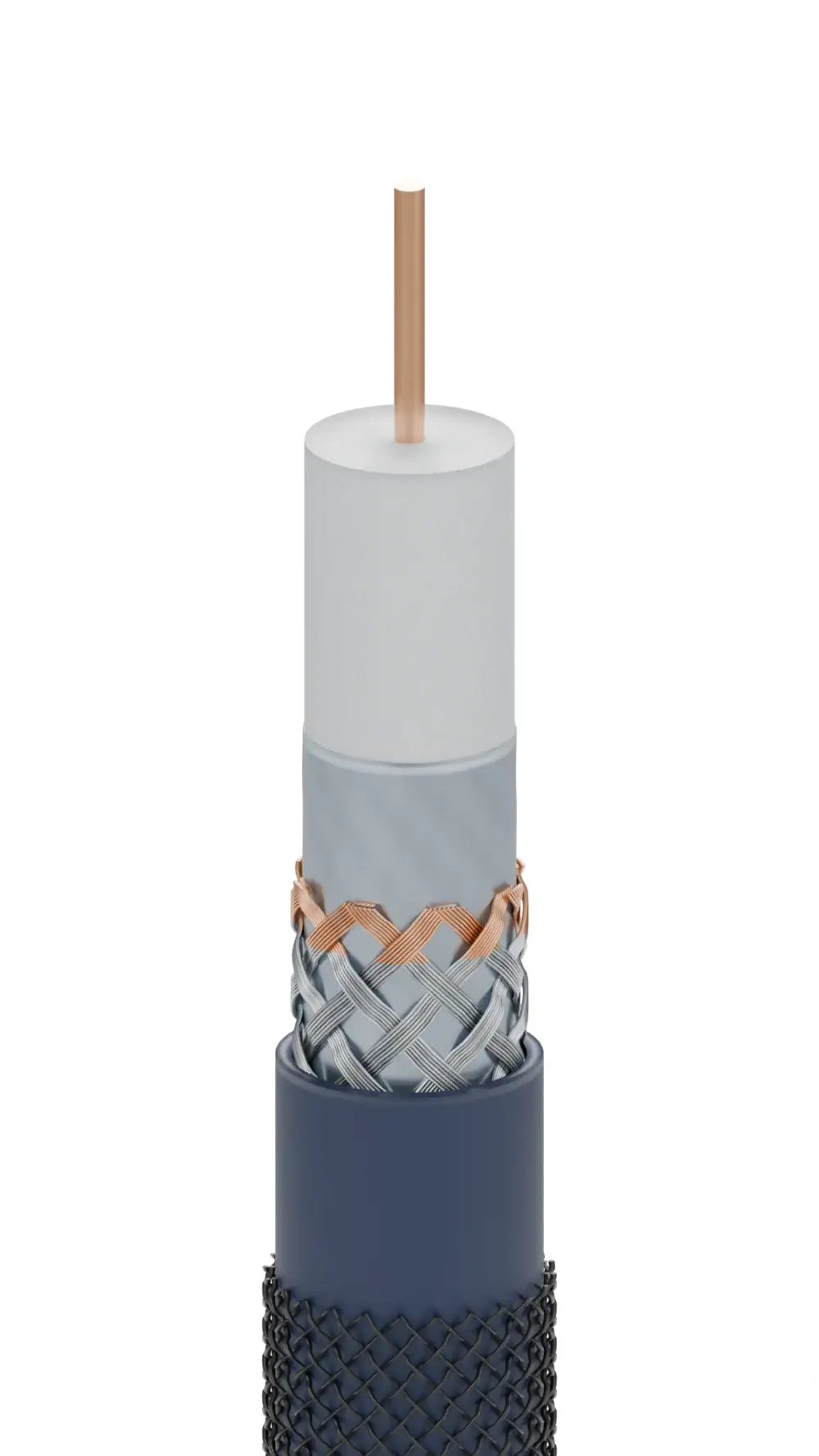 subwoofer-kabel-render-9-16 Doorsnede van de subwoofer kabel: koperen kern, isolatie, dubbele afscherming en gevlochten mantel.