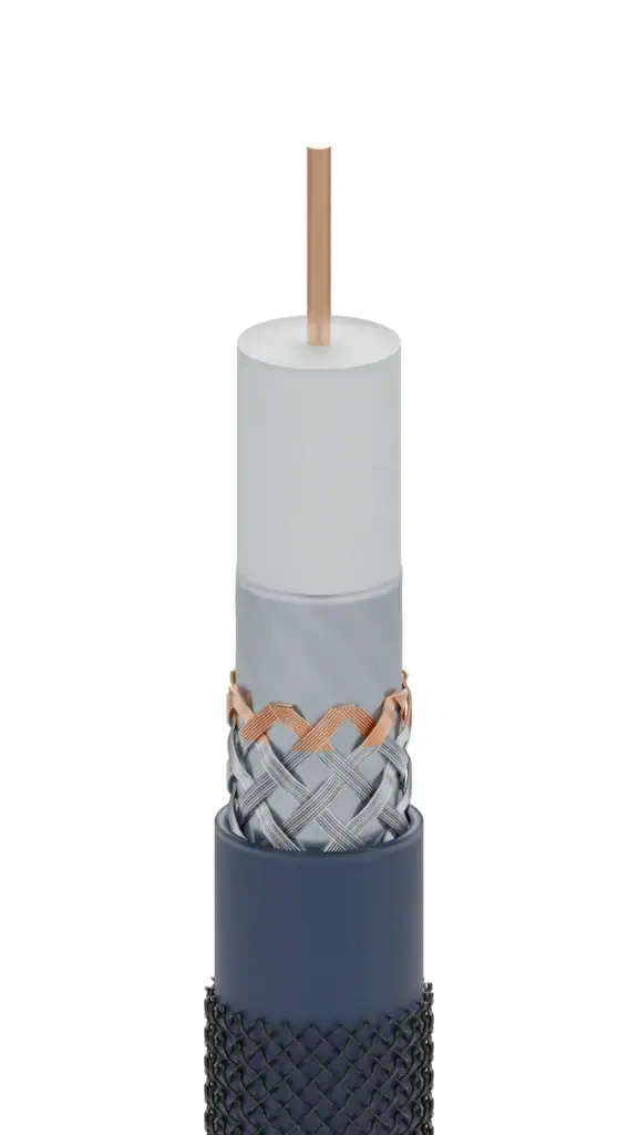 Doorsnede van de subwoofer kabel: koperen kern, isolatie, dubbele afscherming en gevlochten mantel.